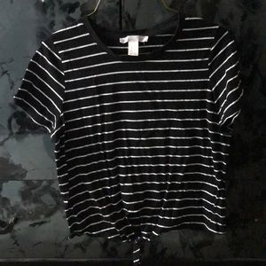 Black and white striped shirt with tie at the end